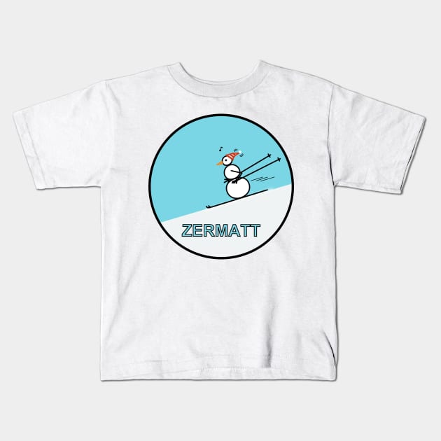 Frosty the Snowman skiing in Zermatt. Kids T-Shirt by Musings Home Decor